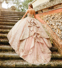Sparkling strapless quinceanera dress with embroidered lace