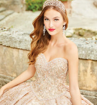 Sparkling strapless quinceanera dress with embroidered lace