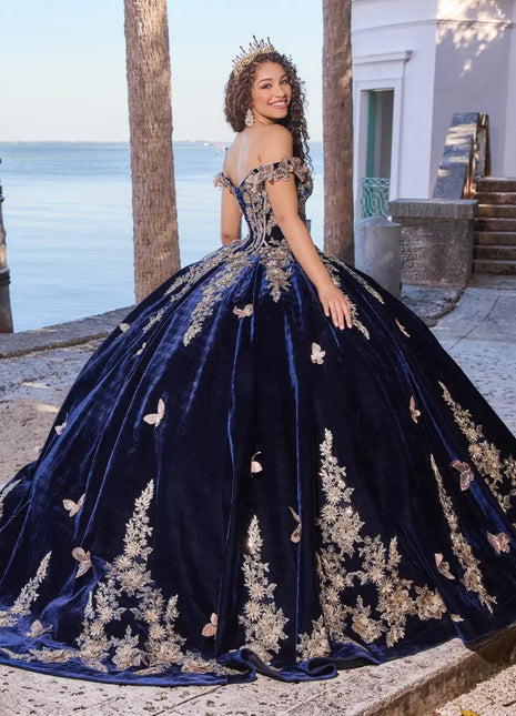 Breathtaking velvet ball gown w/ butterfly details & long gloves included