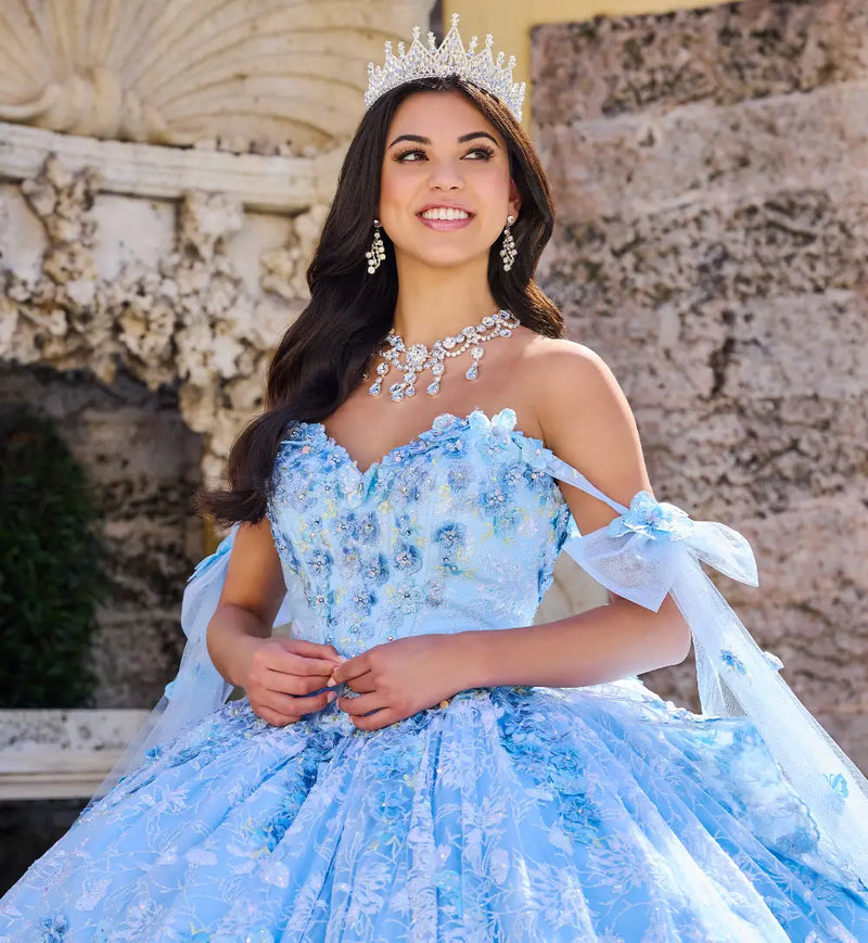 Dreamy off-the shoulder quinceañera dress w/ 3D flowers & detachable train