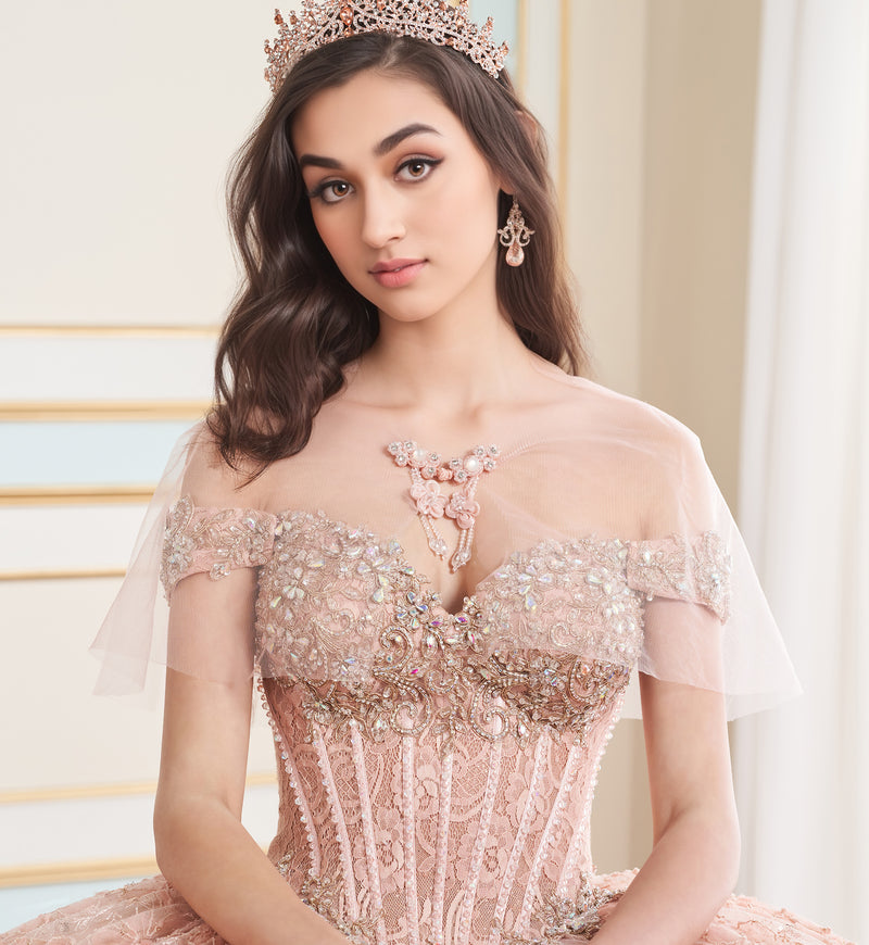 Allover lace quinceañera ball gown w/ sweetheart neckline