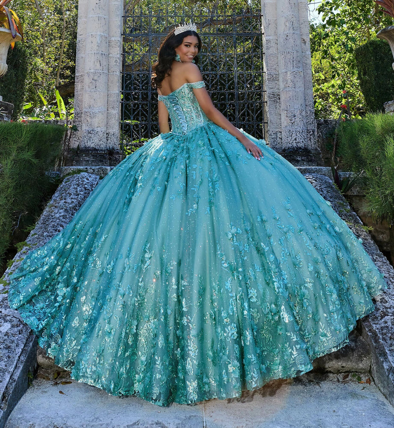 Sparkling Quinceañera gown with off-the-shoulder sweetheart bodice and 3D lace skirt.