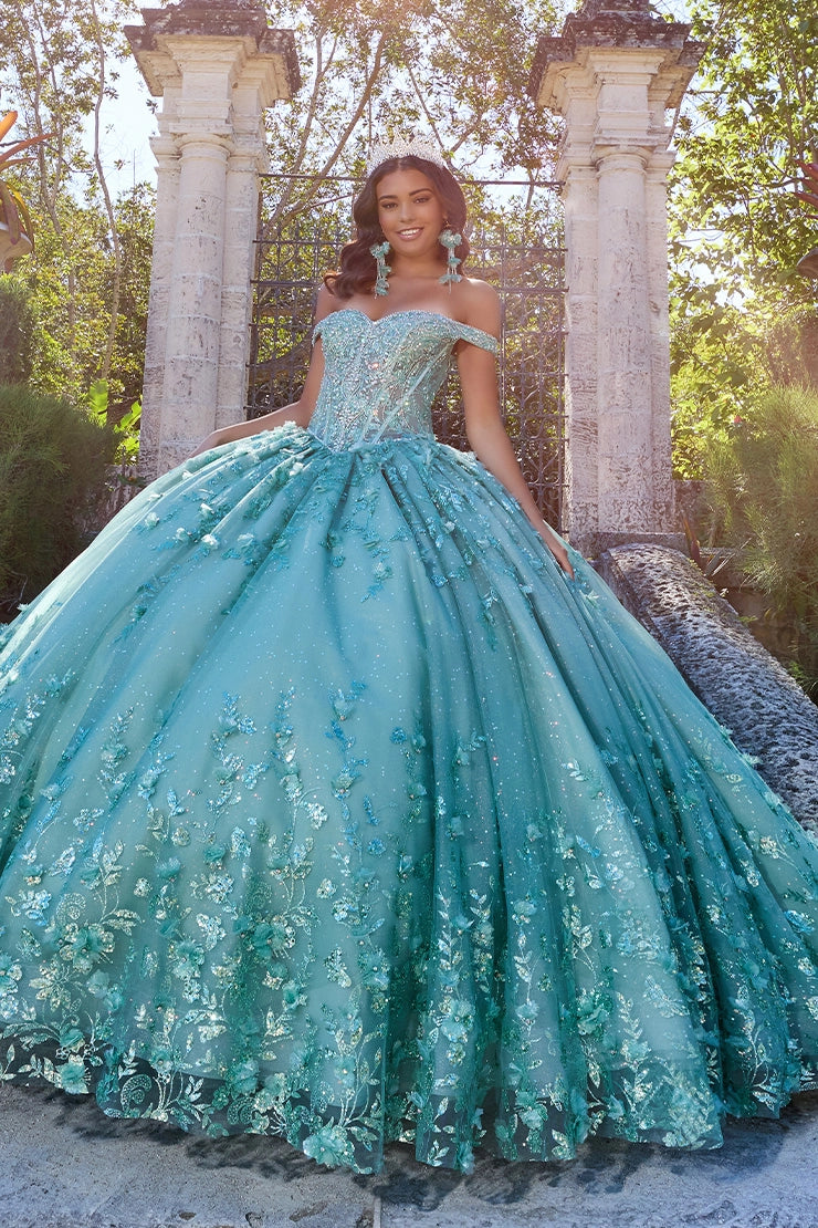 Sparkling Quinceañera gown with off-the-shoulder sweetheart bodice and 3D lace skirt.