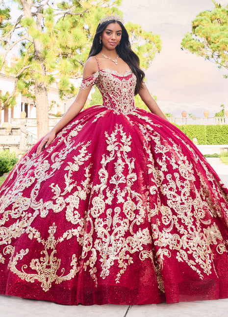 Regal quinceañera ball gown w/ corset bodice & detachable caplet & straps