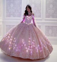 Light-up v-neck ball gown w/ embroidered lace & glitter tulle
