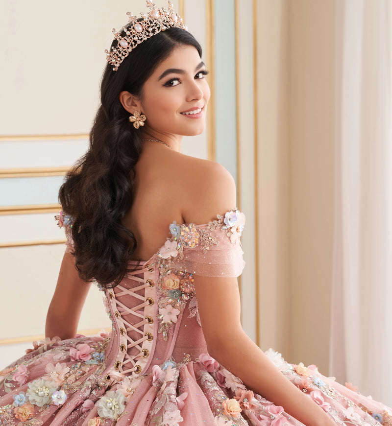 Whimsical quinceañera ball gown w/ 3D flowers & pockets