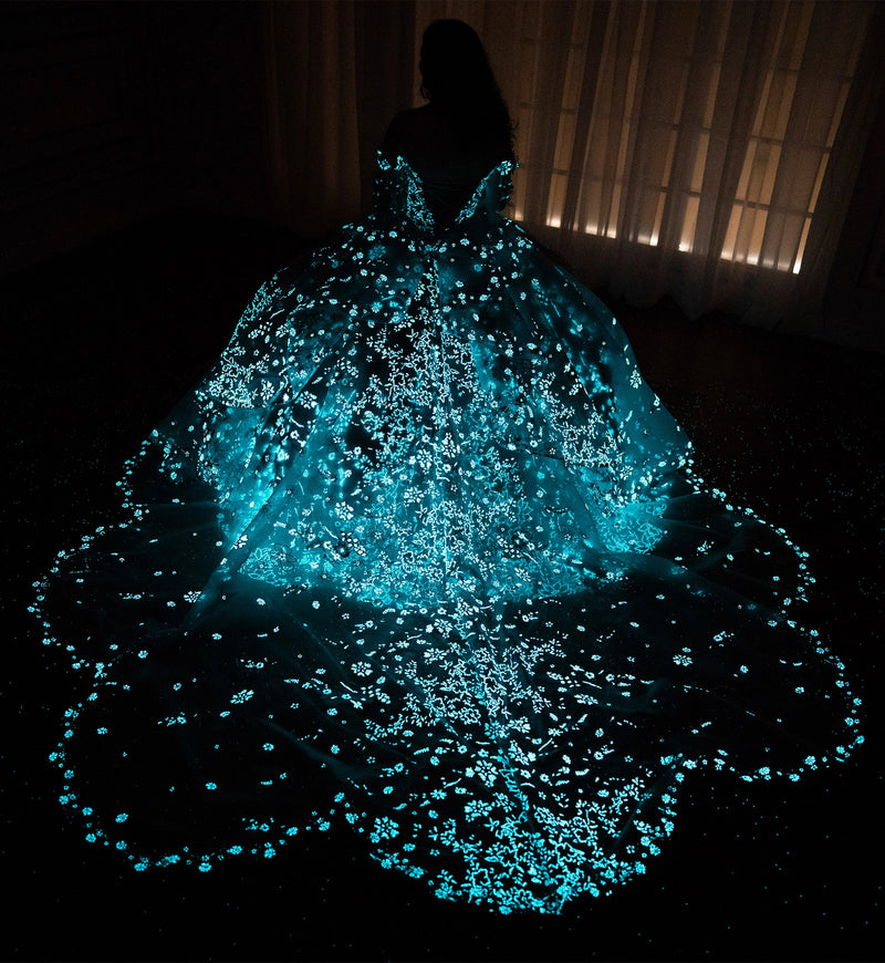 Cracked Ice glow in the dark quinceañera dress w/ detachable train