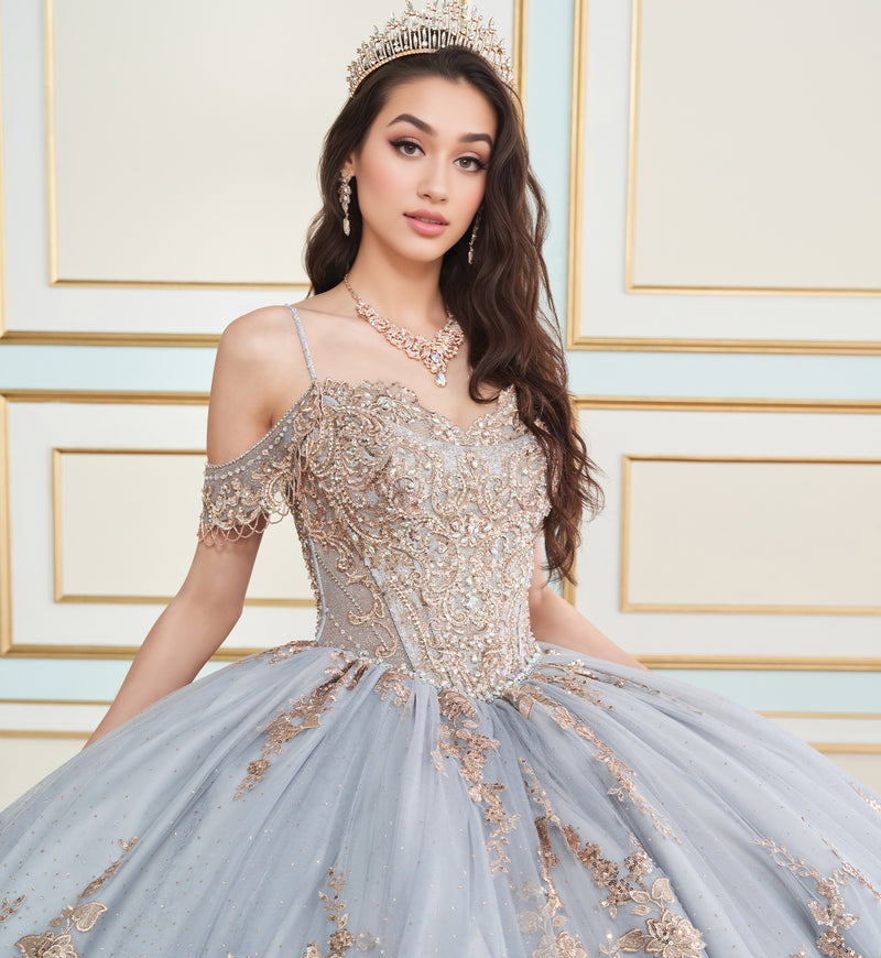 Regal quinceañera ball gown w/ corset bodice & detachable caplet & straps