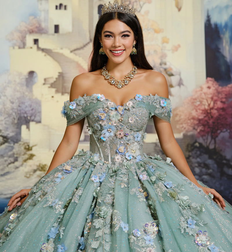 Whimsical quinceañera ball gown w/ 3D flowers & pockets