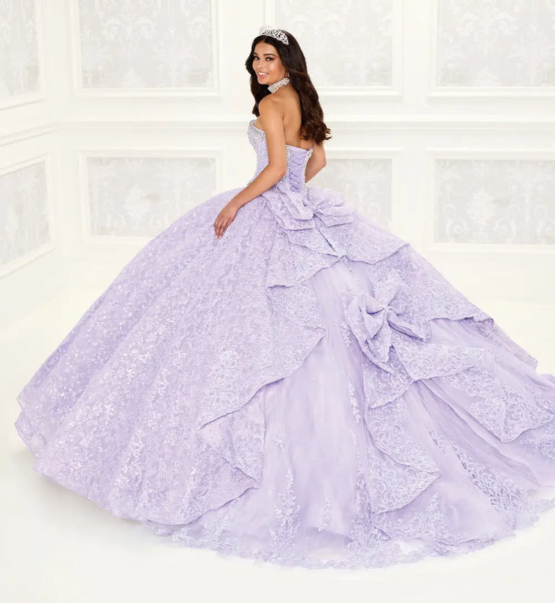 Sparkling strapless quinceanera dress with embroidered lace