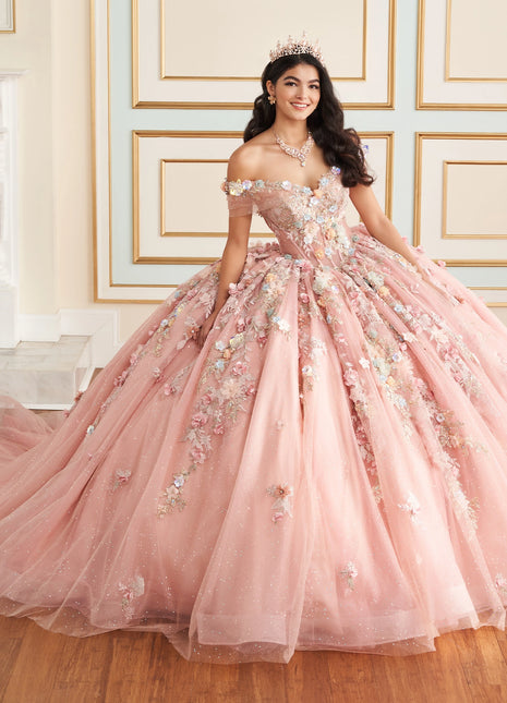 Whimsical quinceañera ball gown w/ 3D flowers & pockets