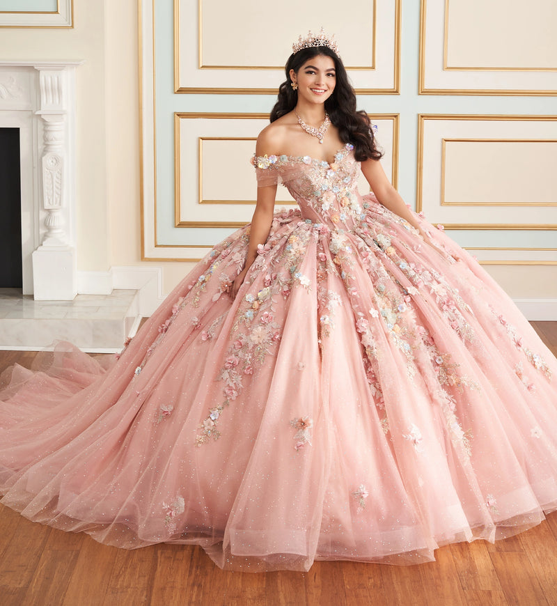 Whimsical quinceañera ball gown w/ 3D flowers & pockets