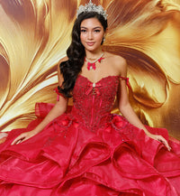 Lace-up corset ball gown w/ flowing layered skit & personalized letter brooch