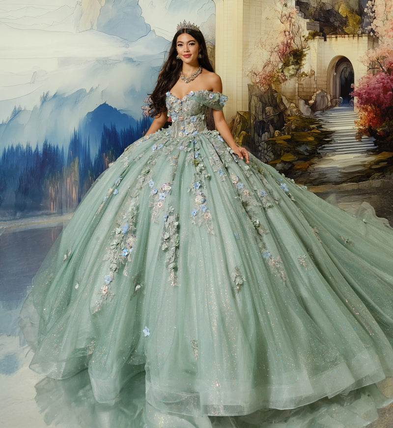 Whimsical quinceañera ball gown w/ 3D flowers & pockets