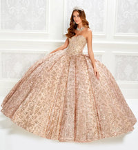 Sparkling strapless quinceanera dress with embroidered lace