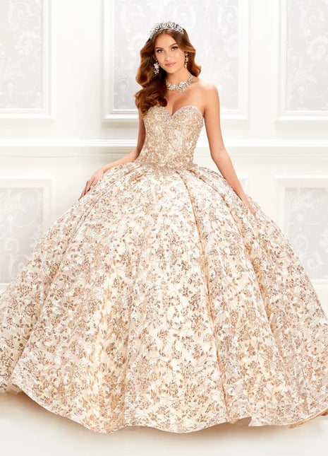 Sparkling strapless quinceanera dress with embroidered lace