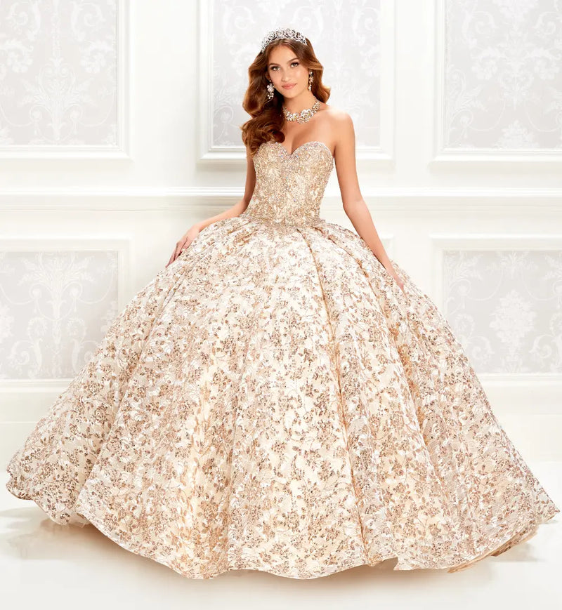 Sparkling strapless quinceanera dress with embroidered lace