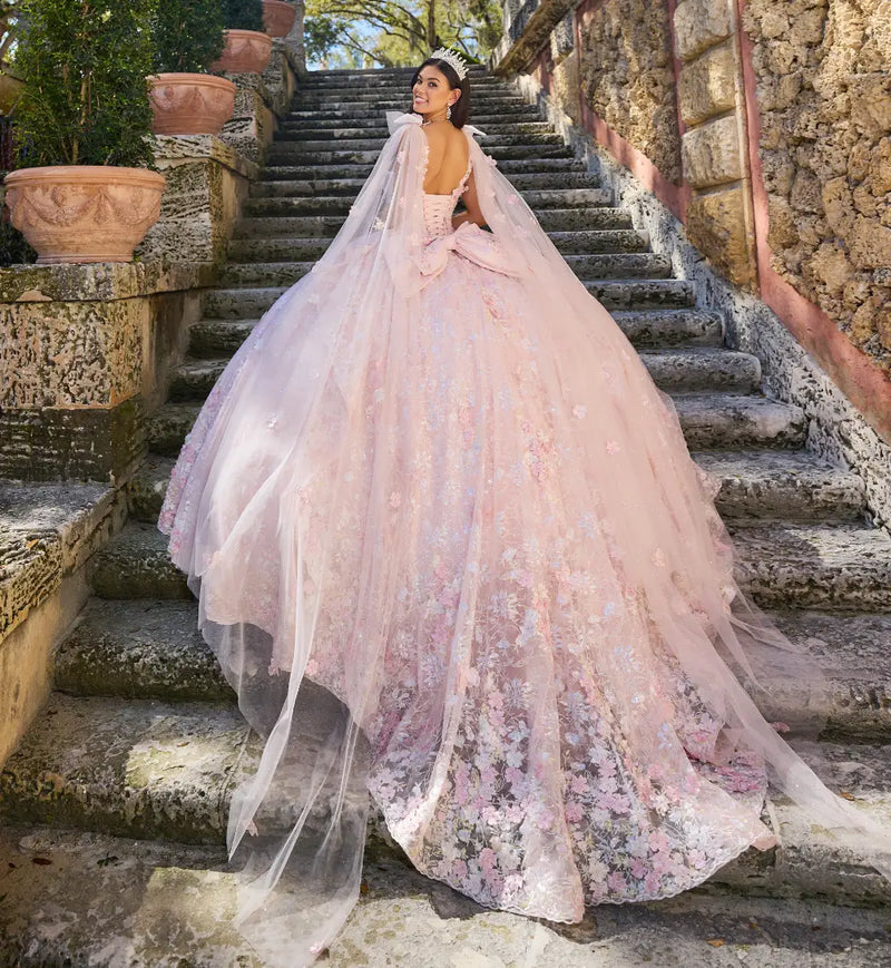 Dreamy off-the shoulder quinceañera dress w/ 3D flowers & detachable train