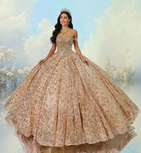 Sparkling strapless quinceanera dress with embroidered lace