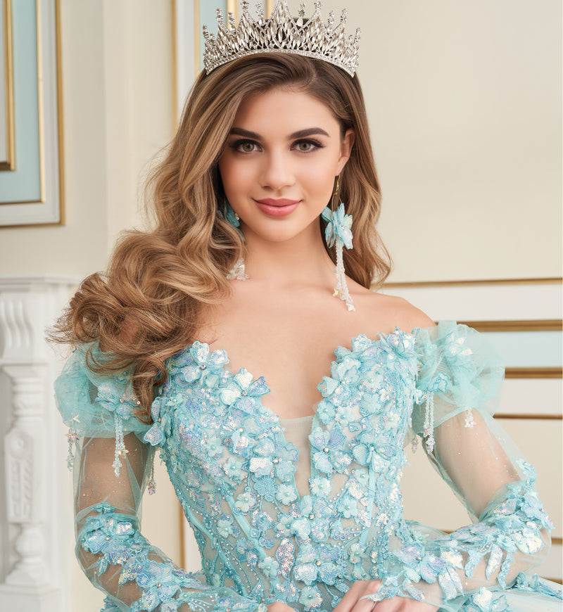 Corset bodice and tulle skirt ball gown w/ pockets & matching earrings