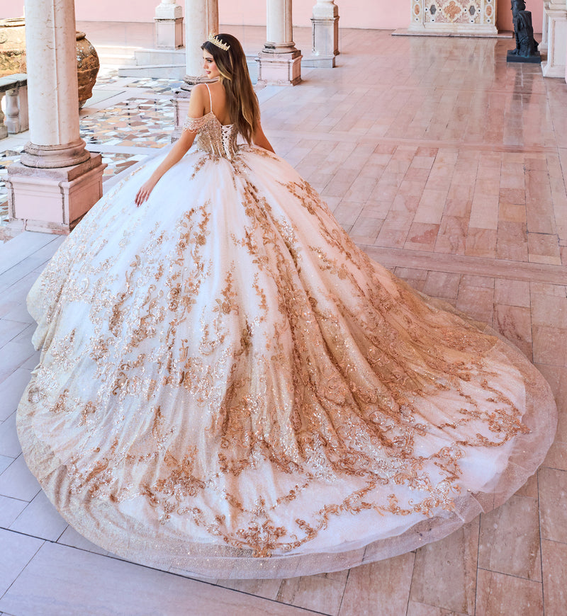 Regal quinceañera ball gown w/ corset bodice & detachable caplet & straps