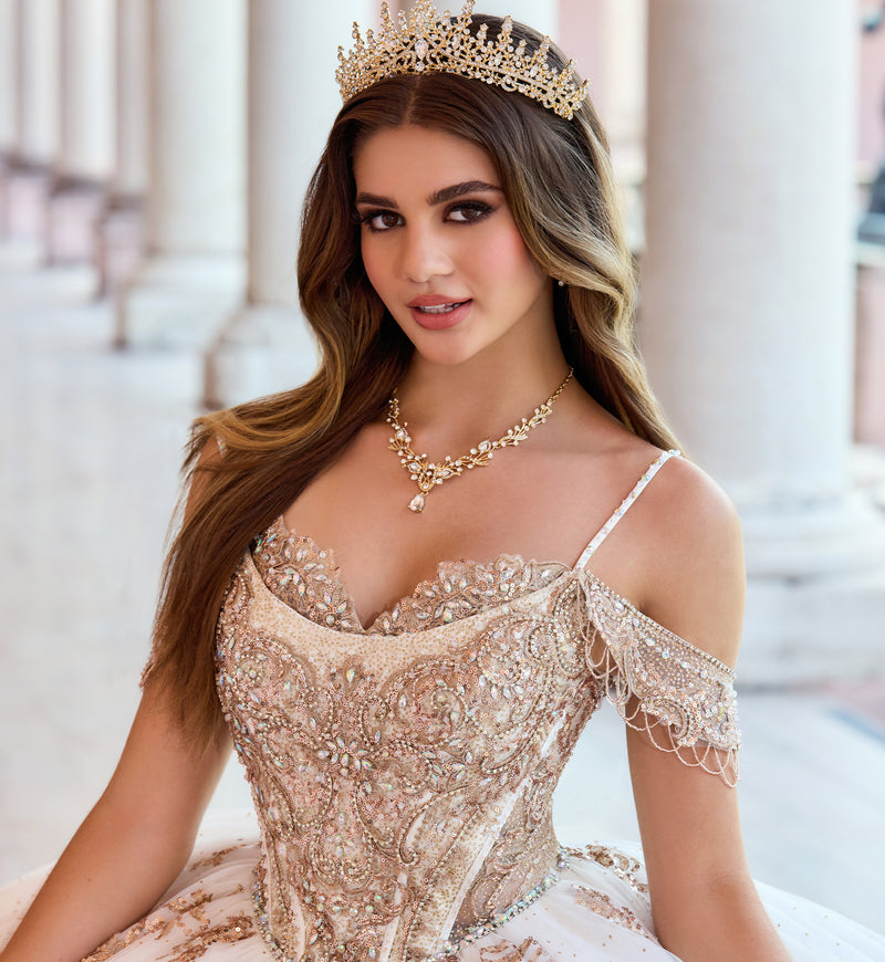 Regal quinceañera ball gown w/ corset bodice & detachable caplet & straps