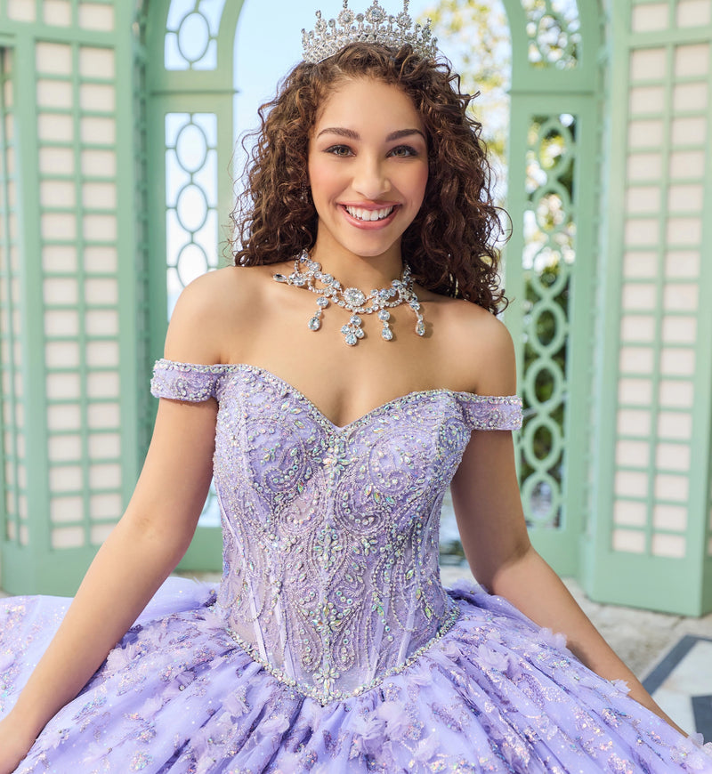 Sparkling Quinceañera gown with off-the-shoulder sweetheart bodice and 3D lace skirt.
