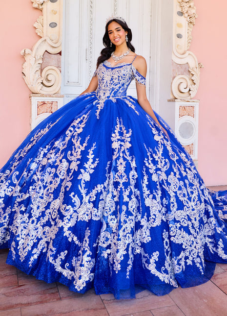 Regal quinceañera ball gown w/ corset bodice & detachable caplet & straps