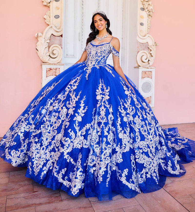 Regal quinceañera ball gown w/ corset bodice & detachable caplet & straps