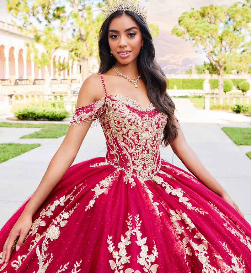 Regal quinceañera ball gown w/ corset bodice & detachable caplet & straps