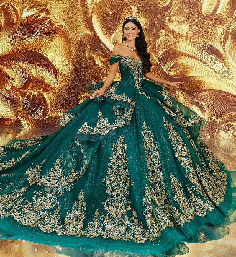 Beautiful glitter tulle ball gown for quinceañera w/ detachable overskirt
