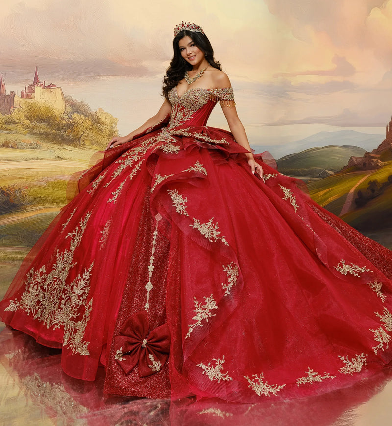 Chandelier sleeve quinceañera ball gown w/ stunning bow accents