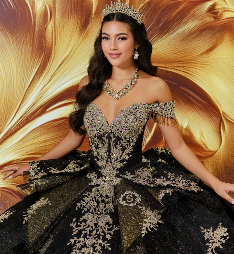 Chandelier sleeve quinceañera ball gown w/ stunning bow accents