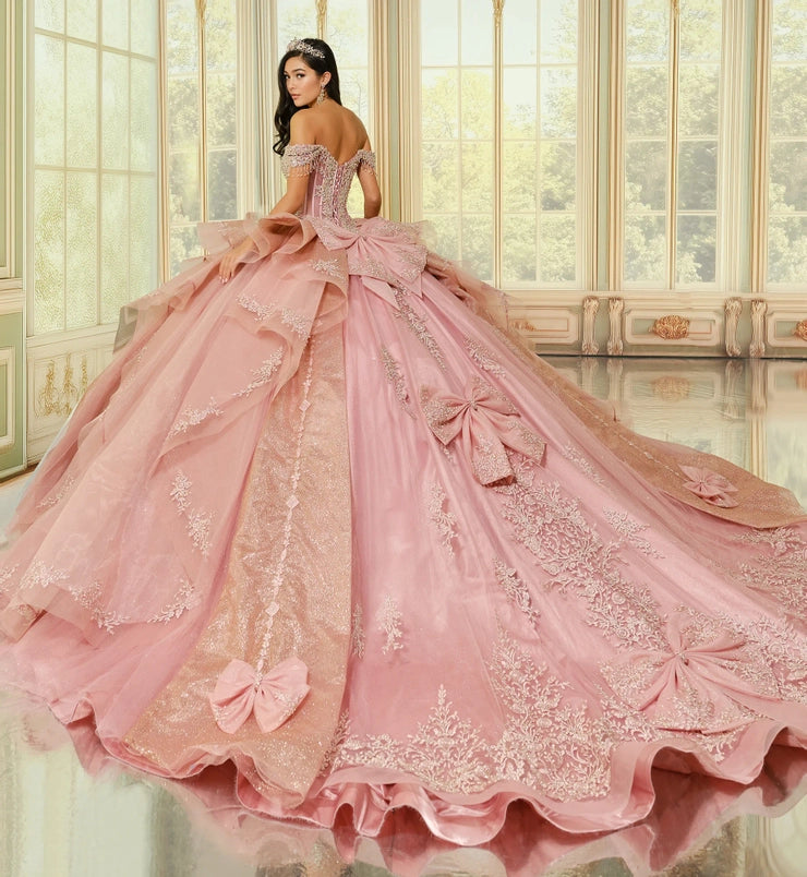 Chandelier sleeve quinceañera ball gown w/ stunning bow accents
