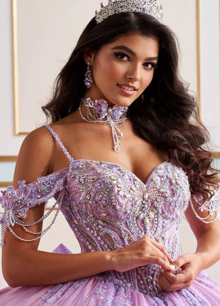 Fairytale ball gown w/ metalic lace & embellished off-the-shoulder straps