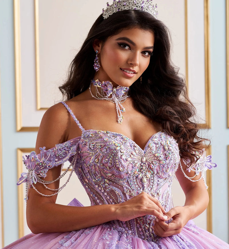 Fairytale ball gown w/ metalic lace & embellished off-the-shoulder straps