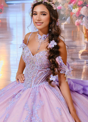 Fairytale ball gown w/ metalic lace & embellished off-the-shoulder straps