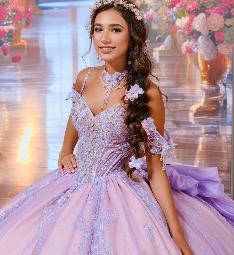 Fairytale ball gown w/ metalic lace & embellished off-the-shoulder straps