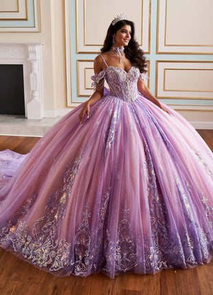 Fairytale ball gown w/ metalic lace & embellished off-the-shoulder straps