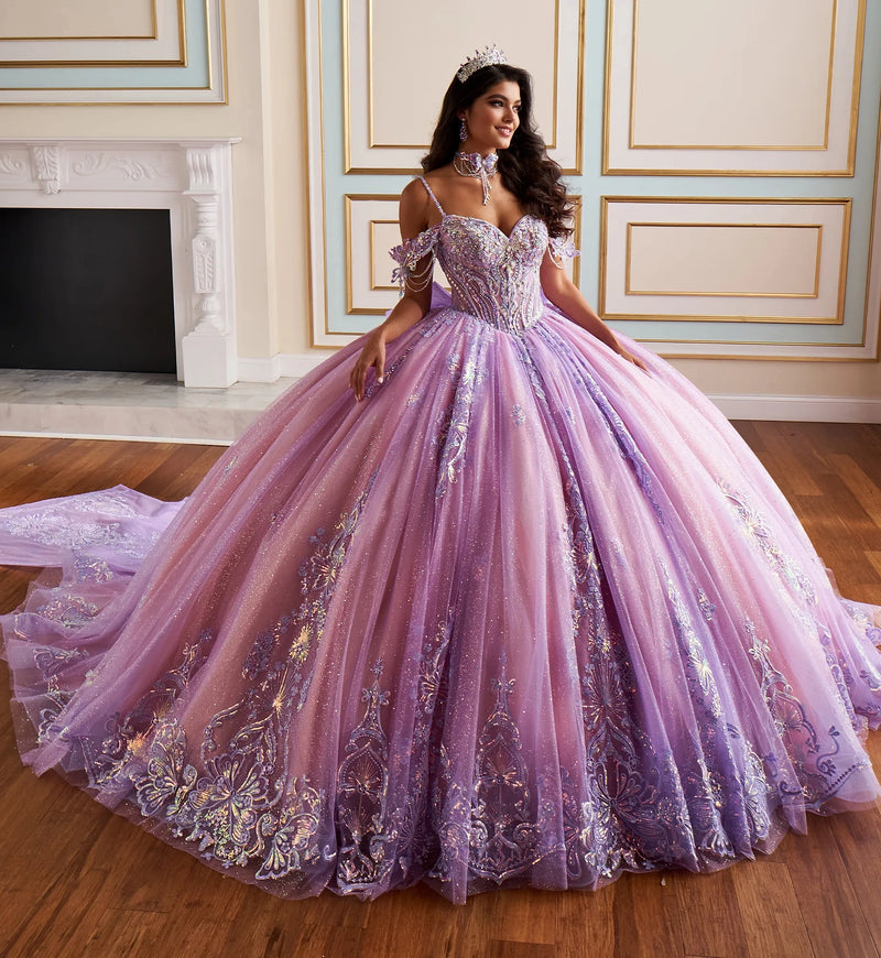 Fairytale ball gown w/ metalic lace & embellished off-the-shoulder straps