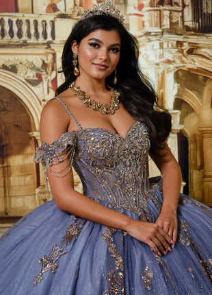 Fairytale ball gown w/ metalic lace & embellished off-the-shoulder straps