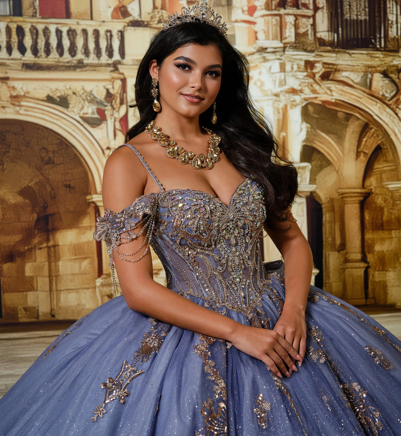 Fairytale ball gown w/ metalic lace & embellished off-the-shoulder straps