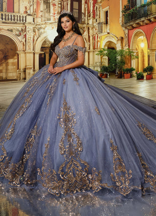 Fairytale ball gown w/ metalic lace & embellished off-the-shoulder straps