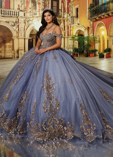 Fairytale ball gown w/ metalic lace & embellished off-the-shoulder straps