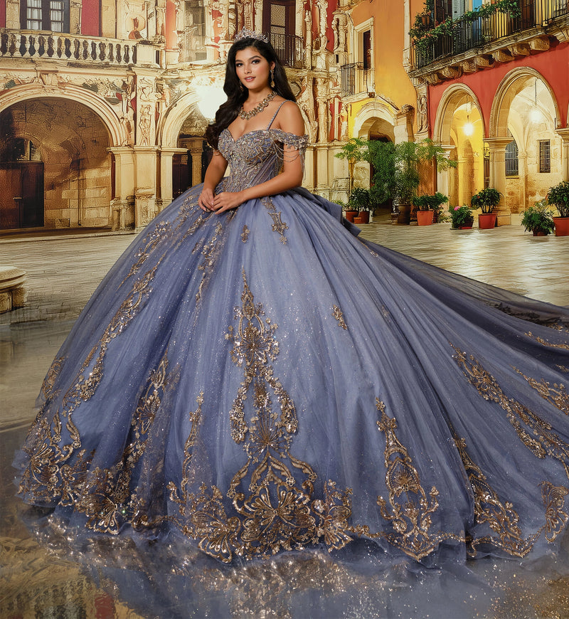 Fairytale ball gown w/ metalic lace & embellished off-the-shoulder straps