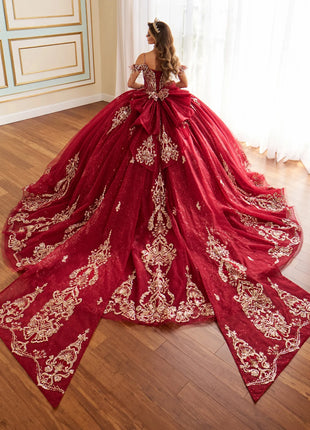 Fairytale ball gown w/ metalic lace & embellished off-the-shoulder straps