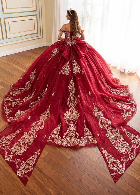 Fairytale ball gown w/ metalic lace & embellished off-the-shoulder straps