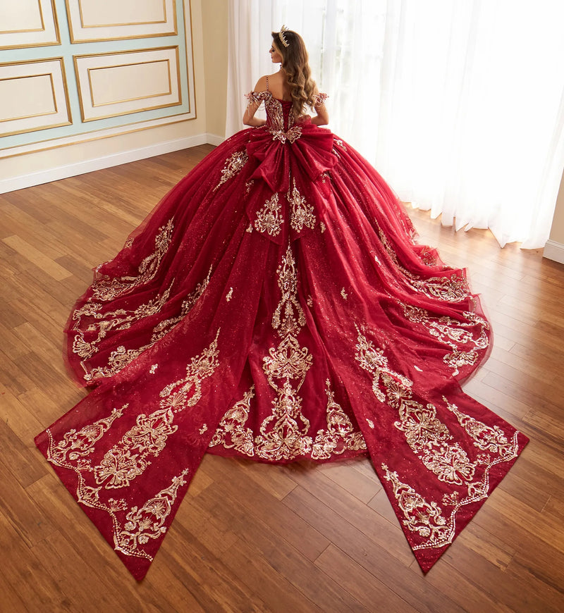 Fairytale ball gown w/ metalic lace & embellished off-the-shoulder straps