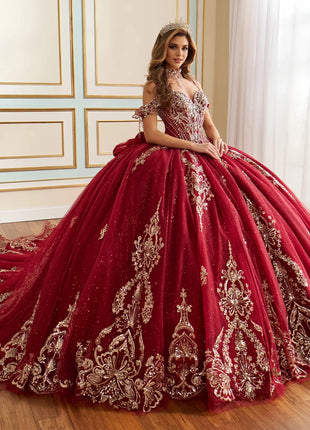 Fairytale ball gown w/ metalic lace & embellished off-the-shoulder straps
