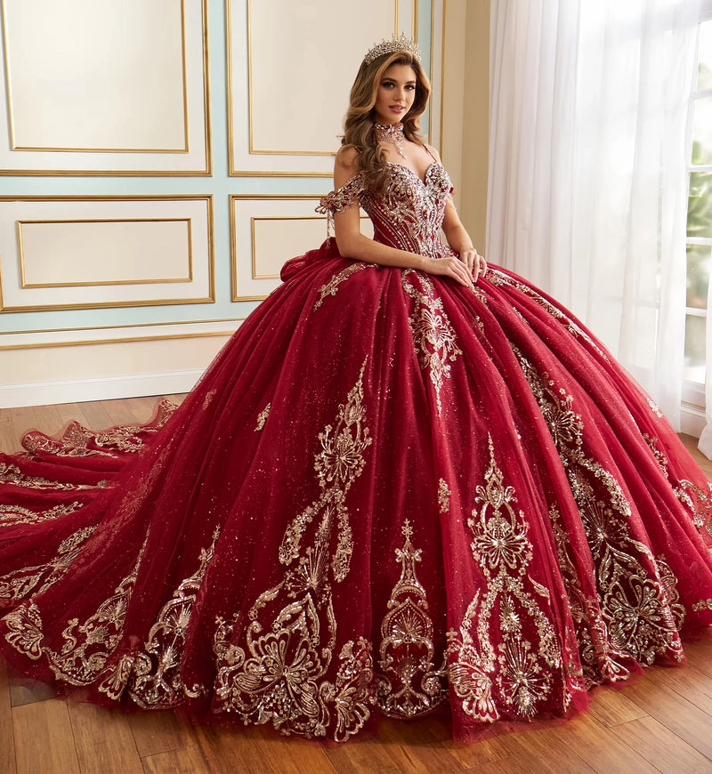 Fairytale ball gown w/ metalic lace & embellished off-the-shoulder straps